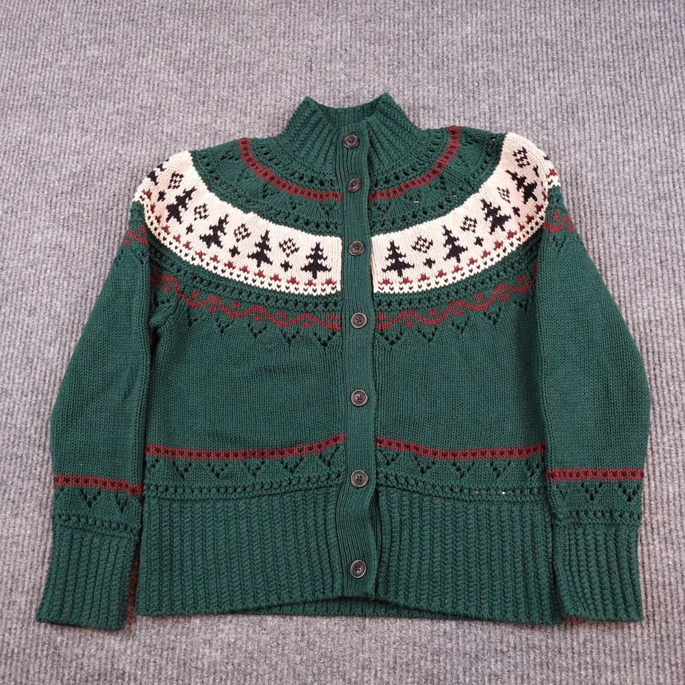 LL Bean Cardigan Sweater Womens Medium Green Fisherman Fair Isle Cable Knit